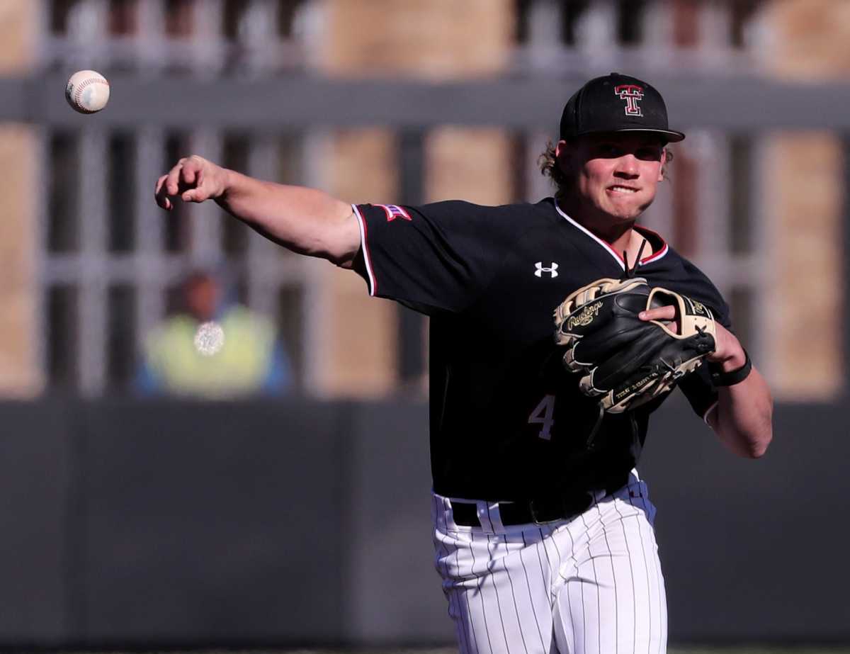 Texas Tech's Kevin Bazzell (4) throws to first base against Gonzaga during Opening Day of college baseball, Friday, Feb. 17, 2023, at Dan Law Field in Rip Griffin Park.
